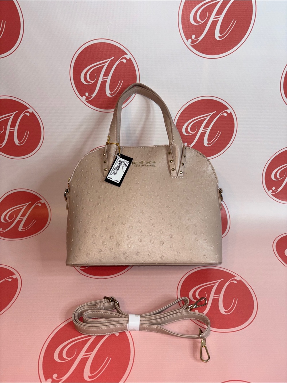 Bebe Tan Satchel with Dome Shape and Gold Hardware